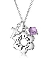nice silver light purple cross baby birthstone necklace